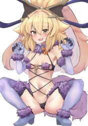Rule 34 | 1girl, absurdres, blonde hair, blush, breasts, cameltoe, cleavage, elbow gloves, embarrassed, fate/grand order, fate (series), gloves, highres, long hair, looking at viewer, mash kyrielight, mash kyrielight (dangerous beast), navel, open mouth, purple thighhighs, shadowverse, sidelocks, simple background, small breasts, smile, sofina (shadowverse), solo, thighhighs, toracake04, white background, yellow eyes