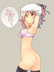 Rule 34 | 1girl, armpits, arms up, ass, black thighhighs, bottomless, bra, brown eyes, cheria barnes, colorized, female focus, grey background, hair ribbon, lingerie, looking at viewer, looking back, pink bra, pink hair, polka dot, polka dot background, polka dot bra, ribbon, rutarou, short hair, simple background, solo, standing, surprised, sweatdrop, tales of (series), tales of graces, thighhighs, underwear, undressing
