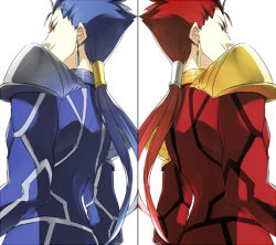 Rule 34 | 2boys, alternate color, bad id, bad pixiv id, blue hair, cu chulainn (fate), dual persona, fate/stay night, fate (series), cu chulainn (fate/stay night), multiple boys, palette swap, player 2, player two, ponytail, red hair, ruchi, symmetry