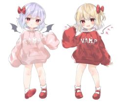 Rule 34 | 2girls, :d, alternate costume, bat wings, blonde hair, blush, bow, contemporary, detached wings, fang, fang out, flandre scarlet, full body, hair bow, hood, hoodie, long sleeves, looking at viewer, mary janes, multiple girls, multiple views, no headwear, open mouth, pafe yuzuran, pink hoodie, red bow, red eyes, red footwear, remilia scarlet, shoes, short hair, siblings, simple background, sisters, skin fang, sleeves past wrists, smile, socks, standing, touhou, white background, white socks, wings