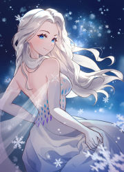 Rule 34 | 1girl, backless dress, backless outfit, blue eyes, chibi vanille, closed mouth, commentary, cowboy shot, detached sleeves, dress, elsa (frozen), eyelashes, floating hair, forehead, from behind, frozen (disney), frozen ii (disney), gloves, hair over shoulder, highres, lifting own clothes, long hair, looking at viewer, looking back, smile, snowflakes, solo, sparkle, v-shaped eyebrows, white dress, white gloves, white hair