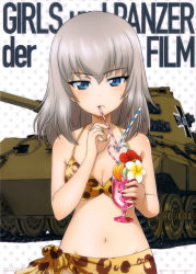 Rule 34 | 10s, 1girl, absurdres, animal print, artist request, bikini, blue eyes, breasts, cleavage, copyright name, cowboy shot, drink, drinking, girls und panzer, highres, itsumi erika, leopard print, looking at viewer, medium hair, military, military vehicle, motor vehicle, official art, polka dot, polka dot background, sarong, silver hair, small breasts, solo, standing, swimsuit, tank, tiger ii, white background