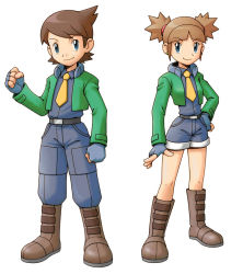 Rule 34 | 1boy, 1girl, artist request, belt, blue gloves, boots, brown footwear, creatures (company), earrings, fingerless gloves, full body, game freak, gloves, hand on own hip, jewelry, kate (pokemon), kellyn (pokemon), long sleeves, looking at viewer, necktie, nintendo, official art, pokemon, pokemon ranger, pokemon ranger 2, pokemon ranger student uniform, shorts, simple background, smile, spiked hair, uniform, white background