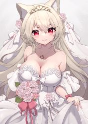Rule 34 | 1girl, absurdres, animal ear fluff, animal ears, blonde hair, bouquet, breasts, bridal veil, bride, cat ears, dress, flower, hair between eyes, heart, heart necklace, highres, hinata (user rjkt4745), holding, holding bouquet, large breasts, long hair, looking at viewer, necklace, original, red eyes, smile, solo, strapless, strapless dress, tiara, veil, wedding dress, white dress
