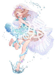 Rule 34 | 1girl, barefoot, blue gloves, dress, gloves, highres, one eye closed, running, solo, water, white background, zuizi