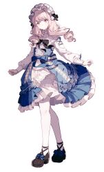 Rule 34 | 1girl, black footwear, blue bow, blue dress, bow, bowtie, character request, copyright request, curly hair, dress, footwear bow, frilled dress, frills, highres, lace-trimmed bow, lace trim, lolita fashion, long hair, long sleeves, looking at viewer, maid headdress, migolu, pantyhose, pink eyes, pink hair, puffy long sleeves, puffy sleeves, shoes, solo, waist bow, white background, white pantyhose