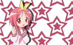 Rule 34 | 1girl, bow, highres, kamigishi akari, lucky star, parody, solo, thumbs up, to heart, to heart (series), vector trace, wallpaper, yellow bow