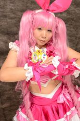 Rule 34 | 10s, bow, choker, cure melody, drill hair, frills, jewelry, long hair, magical girl, okada yui, photo (medium), pink bow, pink hair, precure, ribbon, suite precure, teeth, twintails