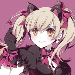 Rule 34 | 1girl, black cat d.va, black dress, black gloves, blonde hair, blush, bow, brown eyes, cleavage cutout, clothing cutout, commentary, dress, earrings, english commentary, eye focus, gloves, hair bow, hand up, heart, heart earrings, jewelry, kaoruru (sakuno2911), looking at viewer, overwatch, overwatch 1, pink bow, puffy short sleeves, puffy sleeves, purple background, short sleeves, signature, smile, solo, twintails, upper body, v-shaped eyebrows