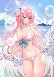 1girl alternate_costume bare_shoulders beach bikini blue_archive breasts bubble choker cleavage closed_mouth cowboy_shot feathered_wings finger_to_mouth frilled_bikini frills front-tie_bikini_top front-tie_top gluteal_fold hair_bun hair_ornament halo halterneck hand_up highres holding large_breasts lkeris long_hair looking_at_viewer low_wings mika_(blue_archive) navel outdoors pink_hair shushing single_side_bun skindentation smile solo stomach string_bikini swimsuit thigh_gap thighs very_long_hair white_bikini white_choker wings yellow_eyes