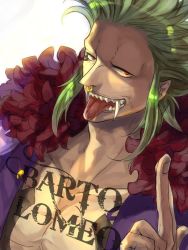 Rule 34 | 1boy, artist request, bartolomeo, green hair, male focus, md5 mismatch, nose piercing, nose ring, one piece, open clothes, open shirt, sharp teeth, shirt, solo, teeth, tusks
