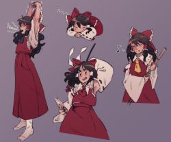 Rule 34 | 1girl, armpits, arms up, artist request, bow, broom, brown hair, curled up, detached sleeves, closed eyes, full body, hair bow, hakurei reimu, japanese clothes, looking at viewer, miko, multiple views, musical note, ofuda, open mouth, purple background, red eyes, red shirt, red skirt, sarashi, shirt, skirt, sleeping, smile, socks, stretching, tagme, touhou, yawning