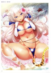 Rule 34 | 1girl, absurdres, animal ears, beads, bell, bikini, blue eyes, blush, bracelet, breast hold, breasts, cleavage, clenched hand, collar, ebims, flower, gloves, hair between eyes, hair flower, hair ornament, highres, jewelry, large breasts, leaf, long hair, looking at viewer, lying, navel, non-web source, on back, scan, shade, solo, spread legs, star (symbol), swimsuit, tail, tears, toranoana, white gloves, white hair, white legwear
