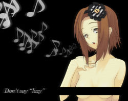 Rule 34 | 00s, 1girl, breasts, brown eyes, brown hair, censored, coach (artist), completely nude, don&#039;t say &quot;lazy&quot;, female focus, flower, hair flower, hair ornament, hairband, headband, k-on!, ko chi, music, musical note, nude, short hair, singing, solo, striped, tainaka ritsu, tomboy