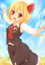 Rule 34 | 1girl, ascot, blonde hair, blue sky, chiroshiron, cloud, day, fang, flower, hair ribbon, looking at viewer, outstretched arms, petals, red eyes, ribbon, rumia, shirt, short hair, skirt, skirt set, sky, smile, solo, touhou, vest