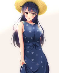 Rule 34 | 1girl, ahoge, alternate costume, black hair, blue dress, blush, breasts, brown eyes, dress, hat, highres, kantai collection, large breasts, long hair, looking at viewer, aged up, polka dot, polka dot dress, simple background, sleeveless, sleeveless dress, solo, straw hat, toyomi 13, ushio (kancolle), white background