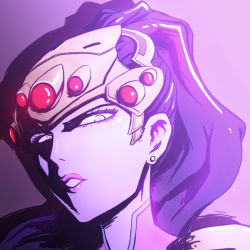 Rule 34 | 1girl, close-up, colored skin, from below, head-mounted display, lipstick, long hair, looking at viewer, looking down, makeup, overwatch, overwatch 1, ponytail, portrait, purple background, purple hair, purple lips, purple skin, sijia wang, simple background, solo, widowmaker (overwatch), yellow eyes