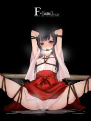 Rule 34 | 1girl, armpit peek, arms up, bdsm, bit gag, black eyes, black hair, blush, bondage, bound, bound legs, bound wrists, breasts, commentary request, f-ism, gag, gagged, hair ribbon, hakama, hakama skirt, highres, japanese clothes, kimono, long hair, miko, murakami suigun, original, red hakama, restrained, ribbon, rope, see-through, shibari, skirt, small breasts, solo, spread legs, sweat, tears, wet, wet clothes, wide sleeves