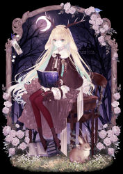 Rule 34 | 1girl, absurdres, animal, animare, antlers, black gloves, blonde hair, book, boots, chair, character request, check copyright, copyright request, crescent moon, flower, full body, gloves, grey eyes, highres, horns, leaf, long hair, looking at viewer, moon, nanashi inc., open book, parted lips, rose, sitting, sitting on table, solo, table, thighhighs, very long hair, virtual youtuber, white flower, white rose, yellow flower, yoggi (stretchmen)