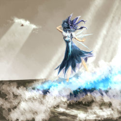 Rule 34 | 2girls, arm up, blue dress, blue hair, cirno, cloud, cloudy sky, daro, dress, from behind, hakurei reimu, highres, ice, ice wings, light rays, looking afar, monochrome, multiple girls, puffy short sleeves, puffy sleeves, short sleeves, sky, spot color, standing, embodiment of scarlet devil, touhou, wings