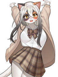 Rule 34 | 1girl, animal ears, arms up, black hair, blush, bow, bowtie, brown eyes, cardigan, cat ears, cat girl, cat tail, collared shirt, crossed bangs, etivka, female focus, furry, furry female, gradient hair, grey bow, grey bowtie, grey cardigan, grey skirt, hair between eyes, highres, looking at viewer, multicolored hair, open cardigan, open clothes, original, plaid, plaid bow, plaid bowtie, plaid skirt, shirt, shirt tucked in, signature, skirt, solo, tail, thighs, white hair, white shirt