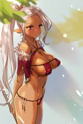 Rule 34 | 1girl, absurdres, areola slip, armlet, arms at sides, bare shoulders, bikini, blush, breasts, brown ribbon, cleavage, closed mouth, collarbone, cowboy shot, dark-skinned female, dark elf, dark skin, ear piercing, elf, eyelashes, eyepatch bikini, female pubic hair, fur trim, grey hair, groin, hair ornament, hair ribbon, hair tie, highres, holding, holding polearm, holding weapon, jewelry, large breasts, leaf hair ornament, light areolae, long hair, looking away, micro bikini, navel, necklace, o-ring, o-ring bottom, ogre (illustogre), original, piercing, pointy breasts, pointy ears, polearm, ponytail, pubic hair, pubic hair peek, red bikini, red eyes, ribbon, shiny skin, sidelocks, skindentation, solo, standing, stomach, strapless, strapless bikini, string bikini, swimsuit, very long hair, weapon