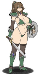 Rule 34 | 1girl, arm guards, armor, bikini, bikini armor, breasts, brown hair, brown haired glasses elf (houtengeki), brown thighhighs, cleavage, elf, full body, glasses, greaves, green armor, green eyes, hair between eyes, high ponytail, highleg, highleg bikini, highres, houtengeki, large breasts, long hair, looking at viewer, navel, open mouth, original, pauldrons, pointy ears, ponytail, shield, shoulder armor, sidelocks, solo, swimsuit, sword, thighhighs, weapon, white background
