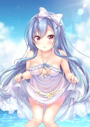 Rule 34 | 1girl, absurdres, aoba project, aoba rena, bare arms, bare shoulders, blue hair, blue sky, bow, breasts, breasts apart, cleavage cutout, clothing cutout, collarbone, day, dress, fingernails, hairband, halter dress, halterneck, highres, huge filesize, knees together feet apart, leaning forward, lens flare, long hair, looking at viewer, medium breasts, parted lips, plumeria, red eyes, sakura moyon, see-through, sidelocks, skirt basket, skirt hold, sky, smile, solo, standing, sundress, very long hair, wading, water, water drop, white bow, white dress