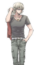 Rule 34 | 10s, 1boy, barnaby brooks jr., belt, blonde hair, eikichi (hp001), glasses, green eyes, hand in pocket, jacket, jewelry, male focus, necklace, red jacket, shirt, simple background, solo, studded belt, t-shirt, tiger &amp; bunny, white background