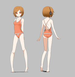 Rule 34 | 1girl, arms behind back, barefoot, brown eyes, brown hair, casual one-piece swimsuit, covered navel, daigoman, full body, grey background, headphones, kneepits, looking at viewer, meiko (vocaloid), multiple views, one-piece swimsuit, pigeon-toed, project diva, project diva (series), project diva 2nd, sakine meiko, short hair, simple background, smile, standing, swimsuit, turnaround, vocaloid