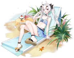 Rule 34 | 1girl, :d, ass, azur lane, bare arms, bare legs, bare shoulders, beach chair, bikini, bikini skirt, blue bikini, bow, breasts, cherry, choker, cleavage, cup, drinking glass, drinking straw, fang, food, frilled choker, frills, fruit, hair bow, hand up, hololive, horns, ice cream, knees up, long hair, looking at viewer, multicolored hair, nakiri ayame, nakiri ayame (hololive summer 2019), nana kagura, navel, official alternate costume, official art, open mouth, plant, reclining, red eyes, sand, sidelocks, silver hair, skin-covered horns, slippers, small breasts, smile, solo, streaked hair, swimsuit, table, transparent background, twintails, virtual youtuber