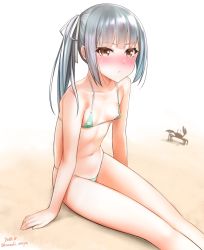 Rule 34 | 1girl, alternate costume, areola slip, arm support, arms at sides, bare arms, bare legs, barefoot, bikini, blunt bangs, blush, breasts, cleavage, collarbone, contemporary, covered erect nipples, crab, dated, feet out of frame, halterneck, highres, kantai collection, kanzaki muyu, kasumi (kancolle), long hair, looking at viewer, micro bikini, midriff, multicolored bikini, multicolored clothes, navel, sand, side ponytail, signature, silver hair, sitting, solo, stomach, striped bikini, striped clothes, swimsuit, yellow eyes