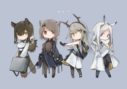 Rule 34 | 4girls, absinthe (arknights), animal ears, antlers, arknights, black footwear, black legwear, black skirt, breasts, brown eyes, brown hair, brown legwear, brown shirt, brown skirt, chibi, commentary, creator connection, cross tie, dress, firewatch (arknights), frostnova (arknights), grey eyes, hair between eyes, highres, horns, jacket, medium breasts, mikozin, multiple girls, official alternate costume, open clothes, open jacket, pantyhose, parted bangs, pleated skirt, robin (arknights), shirt, shoes, skirt, sleeveless, sleeveless dress, striped tail, symbol-only commentary, tail, white dress, white hair, white jacket, white shirt