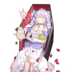 Rule 34 | 1girl, :o, bat wings, blush, choker, coffin, dress, closed eyes, gloves, interlocked fingers, jewelry, light purple hair, long hair, miss barbara, official art, own hands together, petals, pillow, pointy ears, rose petals, sheep, sleeping, solo, strapless, strapless dress, stuffed animal, stuffed rabbit, stuffed frog, stuffed toy, transparent background, uchi no hime-sama ga ichiban kawaii, veil, white gloves, wings