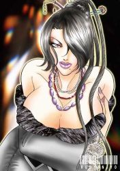 Rule 34 | 00s, 1girl, bare shoulders, black dress, black hair, braid, breast suppress, breasts, cleavage, dress, eyeshadow, female focus, final fantasy, final fantasy x, fingernails, gradient background, hair ornament, hair over one eye, hug, jewelry, large breasts, lips, lipstick, long fingernails, long hair, lulu (ff10), makeup, mole, nail polish, necklace, solo, square enix