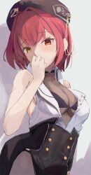 Rule 34 | 1girl, bare shoulders, bra, breasts, buttons, cleavage, hat, hat ornament, heterochromia, highres, hololive, houshou marine, houshou marine (businesswoman), kote11272424, medium breasts, red eyes, red hair, see-through, shirt, short hair, solo, underwear, virtual youtuber, white shirt, yellow eyes