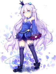 Rule 34 | 1girl, arms at sides, bare shoulders, black bow, black footwear, blue dress, blue eyes, blue gemstone, blush, bow, breasts, clenched hand, closed mouth, collarbone, cross, cross necklace, crown, crystal, demon power (elsword), demon tail, detached collar, detached sleeves, dress, elsword, expressionless, footwear bow, full body, gem, hair between eyes, hair flaps, highres, horns, jewelry, kiku (ks5832), latin cross, legs apart, light purple hair, long hair, looking at viewer, luciela r. sourcream, mary janes, mini crown, necklace, pointy ears, purple thighhighs, ribbon, shiny clothes, shoes, short dress, sideways glance, small breasts, solo, standing, star-shaped pupils, star (symbol), strapless, strapless dress, striped, striped bow, symbol-shaped pupils, tail, thighhighs, very long hair, wavy hair, white background, wide sleeves