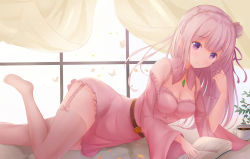 Rule 34 | 10s, 1girl, backlighting, belt, book, braid, breasts, bug, butterfly, cleavage, closed mouth, coffee cup, crown braid, cup, curtains, detached collar, detached sleeves, disposable cup, dress, elf, emilia (re:zero), flower, full body, garter straps, hair between eyes, hair flower, hair ornament, hair ribbon, hand in own hair, holding, holding book, indoors, insect, jewelry, kimm, long hair, lying, on bed, open book, pendant, pink dress, pink thighhighs, pointy ears, purple eyes, purple hair, purple ribbon, re:zero kara hajimeru isekai seikatsu, reading, ribbon, small breasts, solo, thighhighs, wide sleeves, window