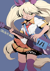 Rule 34 | 10s, 1girl, artist request, blonde hair, dog, female focus, furry, furry female, glasses, guitar, instrument, one eye closed, retoree (show by rock!!), school uniform, show by rock!!, simple background, skirt, solo, thighhighs, twintails, uniform