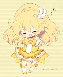 Rule 34 | 10s, 1girl, bad id, bad pixiv id, bike shorts, bike shorts under skirt, blonde hair, blush, boots, bow, character name, chibi, choker, cure peace, dress, closed eyes, hair flaps, hair ornament, haru (kyou), kise yayoi, long hair, magical girl, musical note, open mouth, precure, shorts, shorts under skirt, skirt, smile, smile precure!, solo, v, wide ponytail, yellow background, yellow bow, yellow dress, yellow skirt, yellow theme