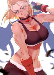 Rule 34 | 1girl, abs, alternate breast size, antenna hair, black choker, black gloves, black pants, black sports bra, blonde hair, blue eyes, blue jacket, blush, breasts, cammy white, choker, cleavage, collarbone, commentary request, facial scar, fingerless gloves, gloves, groin, highres, holding, holding clothes, holding jacket, jacket, koda1ra, large breasts, looking away, lowleg, lowleg pants, midriff, muscular, muscular female, navel, paid reward available, pants, scar, scar on cheek, scar on face, short hair, single bracer, solo, sports bra, street fighter, street fighter 6, sweat, twitter username, yoga pants