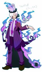 Rule 34 | 10s, 1boy, bow, cape, chandelure, creatures (company), fire, formal, game freak, gen 5 pokemon, hair bow, hat, long hair, male focus, nintendo, personification, pokemon, pokemon bw, ponytail, smile, solo, suit, top hat, torn clothes, white hair, yellow eyes, zippo (3756c)
