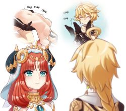 Rule 34 | 1boy, 1girl, aether (genshin impact), blonde hair, blunt bangs, blurry, breasts, clapping, depth of field, english text, fake horns, genshin impact, green eyes, hair between eyes, headpiece, horns, long hair, looking at another, low ponytail, low twintails, luizhtx, misunderstanding, nilou (genshin impact), nipples, out-of-frame censoring, out of frame, red hair, sex, short sleeves, sidelocks, simple background, small breasts, smile, thought bubble, torso grab, twintails, veil, white background
