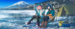 Rule 34 | 2girls, absurdres, aqua coat, backpacking stove, beanie, black gloves, black pantyhose, blue hair, boots, brown footwear, bucket, camping, camping chair, coat, cooking pot, day, drill, fishing, fishing rod, full body, gloves, grey headwear, hair between eyes, hat, hayateluc, highres, holding, holding fishing rod, ice fishing, kagamihara nadeshiko, long sleeves, looking at another, multicolored clothes, multicolored scarf, multiple girls, on chair, open clothes, open coat, open mouth, outdoors, pantyhose, pink hair, portable stove, scarf, scenery, shima rin, sitting, tent, twitter username, white coat, winter, winter clothes, yurucamp