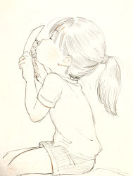 Rule 34 | 1girl, absurdres, blush, child, closed eyes, female focus, from side, hatching (texture), highres, holding, holding photo, monochrome, nanase774938, object kiss, original, photo (object), ponytail, profile, shirt, shorts, sitting, solo, spot color