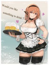 Rule 34 | 1girl, alcohol, beer, beer mug, black thighhighs, breasts, choker, cleavage, cup, dirndl, ear covers, earrings, elf, english text, german clothes, grin, hand on own hip, heart, huge breasts, jewelry, long hair, looking at viewer, miniskirt, mug, nail polish, name tag, oktoberfest, orange hair, orange nails, original, parted lips, pointy ears, puffy short sleeves, puffy sleeves, purple eyes, short sleeves, skirt, smile, solo, standing, thighhighs, tray, underbust, wrist cuffs, yaoya musuko, zettai ryouiki