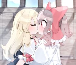 Rule 34 | 2girls, back bow, black vest, blonde hair, blue sky, blush, bow, brown hair, closed eyes, cloud, commentary request, day, face-to-face, frilled bow, frilled jacket, frills, from side, gotamashii, hair bow, hair over shoulder, hakurei reimu, hand on another&#039;s shoulder, indoors, jacket, kirisame marisa, kiss, long hair, long sleeves, looking at another, multiple girls, no headwear, ponytail, puffy long sleeves, puffy short sleeves, puffy sleeves, red bow, red eyes, short sleeves, sky, sleeve bow, sunlight, touhou, upper body, vest, white bow, white jacket, white sleeves, wooden wall, yuri