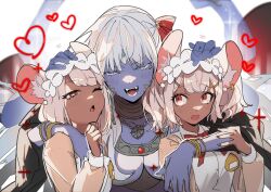 Rule 34 | 3girls, animal ears, apron, armor, bare shoulders, bikini armor, blue eyes, blue skin, blush, bracelet, breasts, cleavage, closed eyes, colored skin, daikokuten (fate), dark-skinned female, dark skin, dress, earrings, extra arms, fate/grand order, fate (series), hair ribbon, headpat, heart, highres, jewelry, kali (fate), large breasts, long hair, long sleeves, maid headdress, medium breasts, mouse ears, mouse girl, multiple girls, neck ring, necklace, no-kan, one eye closed, open mouth, red eyes, revealing clothes, ribbon, sash, short hair, small breasts, smile, third eye, thumb ring, twintails, very long hair, white apron, white hair