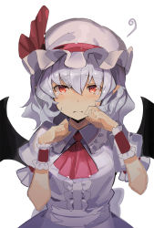 Rule 34 | 1girl, ascot, back bow, bat wings, blush, bow, breasts, closed mouth, collared dress, commentary request, crying, dress, eyes visible through hair, falken (yutozin), grey bow, grey dress, grey hair, grey hat, hair between eyes, hands up, hat, hat ribbon, highres, looking at viewer, medium breasts, mob cap, pink ascot, pointy ears, red eyes, red ribbon, remilia scarlet, ribbon, short hair, simple background, solo, tears, touhou, upper body, white background, wings, wrist cuffs