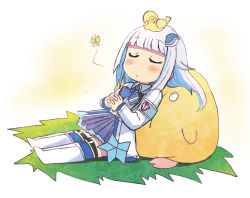 Rule 34 | 1girl, animal, animal on head, armband, bird, bird on head, blue hair, blue skirt, blunt bangs, blush, boots, bug, butterfly, closed eyes, colored inner hair, commentary, feather hair ornament, feathers, hair ornament, insect, jacket, lize helesta, multicolored hair, nijisanji, on head, own hands clasped, own hands together, sebastian piyodore, skirt, sleeping, solo, symbol-only commentary, thigh strap, tsubobot, virtual youtuber, white footwear, white hair, white jacket